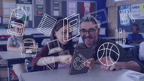 Animation of school items icons over happy diverse male teacher with students using tablet. Global education, school and digital interface concept, digitally generated video. - Powered by Shutterstock - Get 15% off with code: PIKWIZARD15