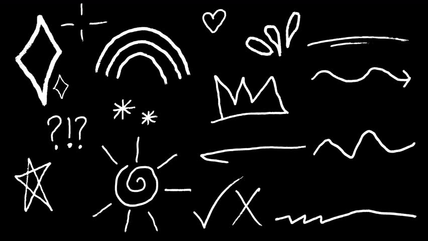 Transparent white doodle element set alpha channel. Scribble heart crown rainbow and sun overlay, 4K hand-crafted icons for professional video editing.