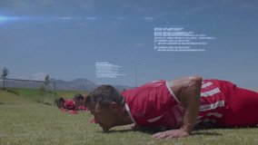 Sports team performing push-ups in training reaching third rep and activating biometric overlay. Athletes, fitness, digital interface, performance, teamwork, outdoor, competitive - Powered by Shutterstock - Get 15% off with code: PIKWIZARD15