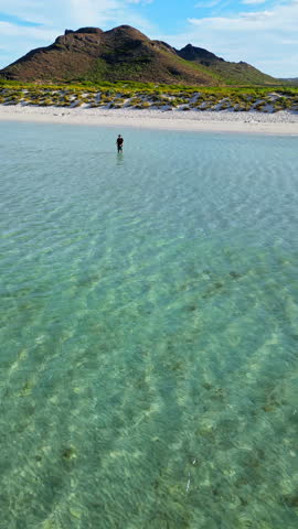 Aerial drone view of a person standing in shallow turquoise water at Balandra Beach , near La Paz, Mexico. Vertical