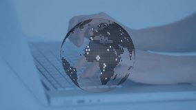 Animation of isohypses, numbers and globe over hands of caucasian man typing on laptop. global network, connections, data and technology concept digitally generated video. - Powered by Shutterstock - Get 15% off with code: PIKWIZARD15
