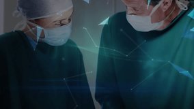 Animation of network of connections over caucasian surgeons during surgery. global medicine and digital interface concept digitally generated video. - Powered by Shutterstock - Get 15% off with code: PIKWIZARD15