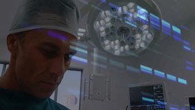 Mosaic squares over caucasian male surgeon using digital tablet in operation theatre at hospital. Medical healthcare and technology concept - Powered by Shutterstock - Get 15% off with code: PIKWIZARD15