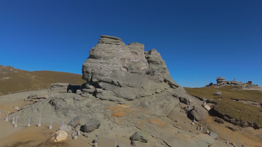 High-quality 4K aerial drone footage executing a smooth right-to-left orbit around the iconic Sphinx (Sfinxul) rock formation in the Bucegi Mountains, Romania. The close-range parallax movement highlights the intricate textures of the wind-eroded conglomerate rock and its human-like profile against a vivid blue sky. The shot captures the surrounding alpine plateau covered in dry Nardus stricta grass, emphasizing the solitary grandeur of this natural megalith.