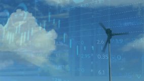 Animation of financial data processing over wind turbine. Global business, finances and digital interface concept digitally generated video. - Powered by Shutterstock - Get 15% off with code: PIKWIZARD15