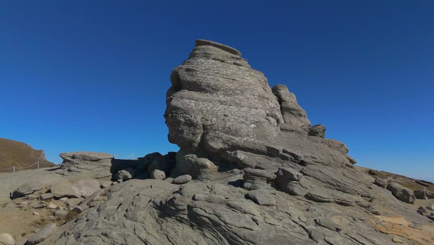 Smooth 4K aerial drone pull-back shot moving away from the iconic Sphinx (Sfinxul) rock formation in the Bucegi Mountains, Romania. This angle provides a wider perspective of the megalith, framing it against an expansive, deep blue sky perfectly suited for text overlays or copy space. The scene highlights the isolation of the wind-eroded conglomerate structure amidst the alpine Nardus stricta grasslands.