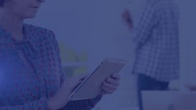 Animation of media icons over caucasian businesswoman using tablet. Global business and digital interface concept digitally generated video. - Powered by Shutterstock - Get 15% off with code: PIKWIZARD15