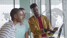 Animation of world map and globe over diverse business people in office. Global business, computing and digital interface concept digitally generated video. - Powered by Shutterstock - Get 15% off with code: PIKWIZARD15