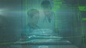 Animation of biological data on digital screen over caucasian female and male doctors. Health, medicine, biology and technology concept digitally generated video. - Powered by Shutterstock - Get 15% off with code: PIKWIZARD15