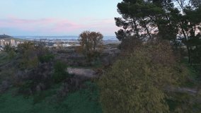 Carambolo hill, revealing a landscape of scattered trees and dirt paths overlooking the Seville metropolitan basin, FPV style drone gliding and revealing. - Powered by Shutterstock - Get 15% off with code: PIKWIZARD15