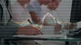 Animation of multicolored graphs and map over caucasian coworkers writing in notepad. Digital composite, multiple exposure, report, finance, global, teamwork and technology concept. - Powered by Shutterstock - Get 15% off with code: PIKWIZARD15