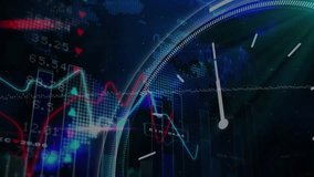Animation of icons and financial data processing over clock. Global business, finance and data processing concept digitally generated video. - Powered by Shutterstock - Get 15% off with code: PIKWIZARD15