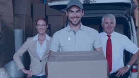 Animation of network of digital icons over portrait of diverse supervisors and delivery man smiling. Global networking and logistics business technology concept - Powered by Shutterstock - Get 15% off with code: PIKWIZARD15