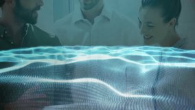 Office professionals conversing, activating holographic waveform for business data analysis. Collaboration, technology, futuristic, digital, workplace, analytics, innovation - Powered by Shutterstock - Get 15% off with code: PIKWIZARD15