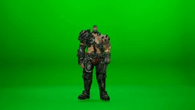 A photorealistic 3D CGI Muscular Sci-Fi Warrior or Alien Fighter, dressed in heavy futuristic combat armor. The Bulky Character is performing a dynamic Dance or action sequence on a green screen. Captured at 60fps for smooth slow motion VFX. Ideal for Sci-Fi games, action, futuristic combat, and high-end VFX production. - Powered by Shutterstock - Get 15% off with code: PIKWIZARD15