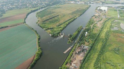 Drone Zooming on River Barge