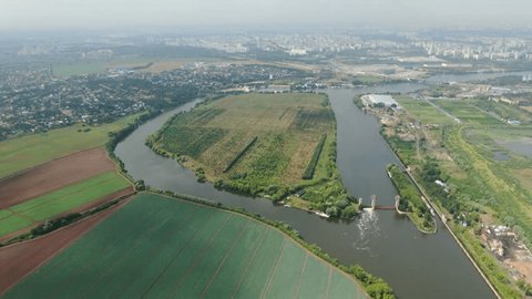 Drone Slowly Pulling Away over River Landscape