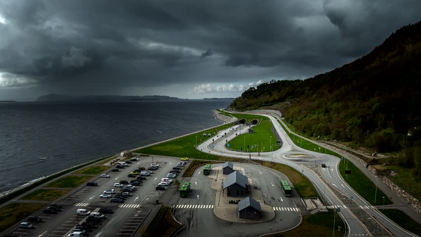 Drone Hyperlapse Ryfast Transport System in Norway. Mountain Infrastructure, Modern Engineering and Scenic Nordic Landscape
