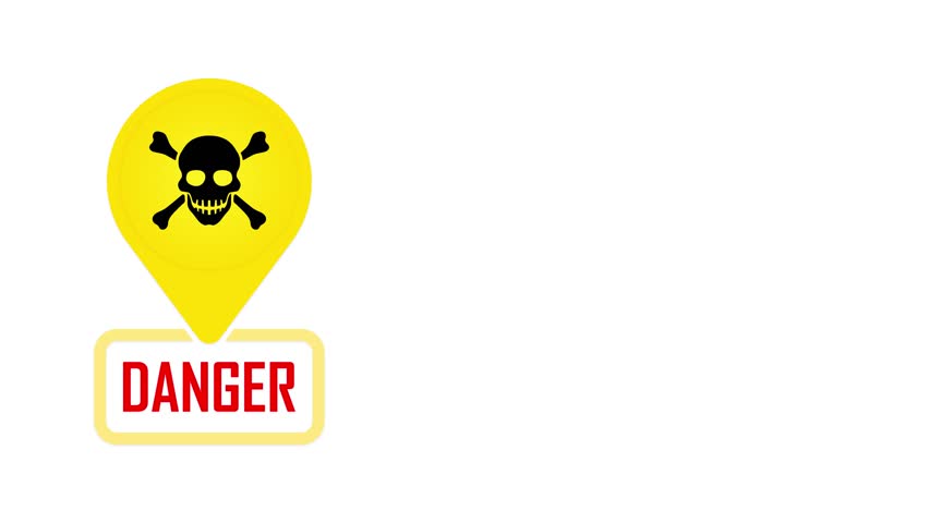 Animated danger sign with gps location pin, skull and bones, safety warning, black and yellow hazard alert, copy space for text