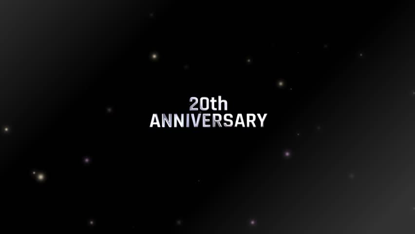 Metallic silver or chrome 20th anniversary or Twentieth anniversary text animation with radiant light rays and glowing silver particles on a black gradient background. Elegant celebration video suitable for corporate milestones, wedding anniversaries, achievements, premium branding, and commemorative events.