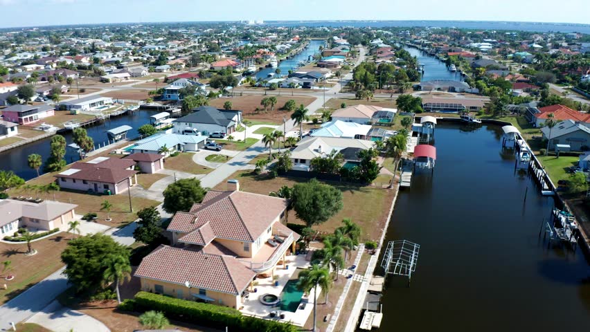 Residential area in Florida features canal-front homes with private docks and boats, lined with palm trees under clear skies in a coastal suburban environment.