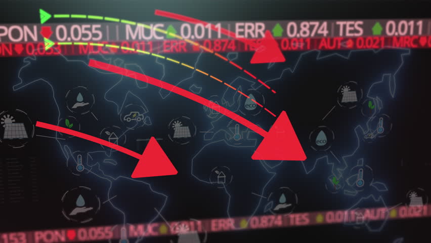 Global economic crisis visualization with red downward arrows over a world map, representing market crashes, financial instability, recession trends, and breaking news about worldwide economic downturns.