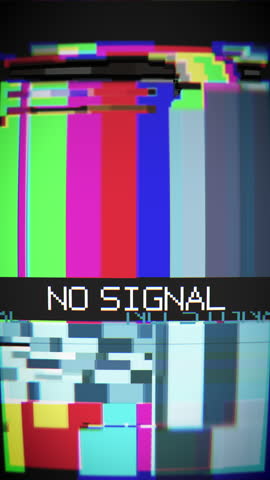 Vertical glitch art visual featuring distorted color bars and no-signal text, symbolizing broadcast disruption, media failure, digital noise, and retro television error screens.