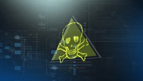 Digital warning visual showing a glowing yellow skull inside a hazard triangle over futuristic interface graphics, symbolizing malware detection, cyber threats, system infection alerts, and high-risk digital security scenarios. - Powered by Shutterstock - Get 15% off with code: PIKWIZARD15