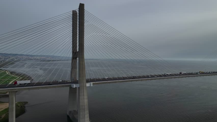 Aerial Drone View of Vasco da Gama Bridge Over the Tagus River