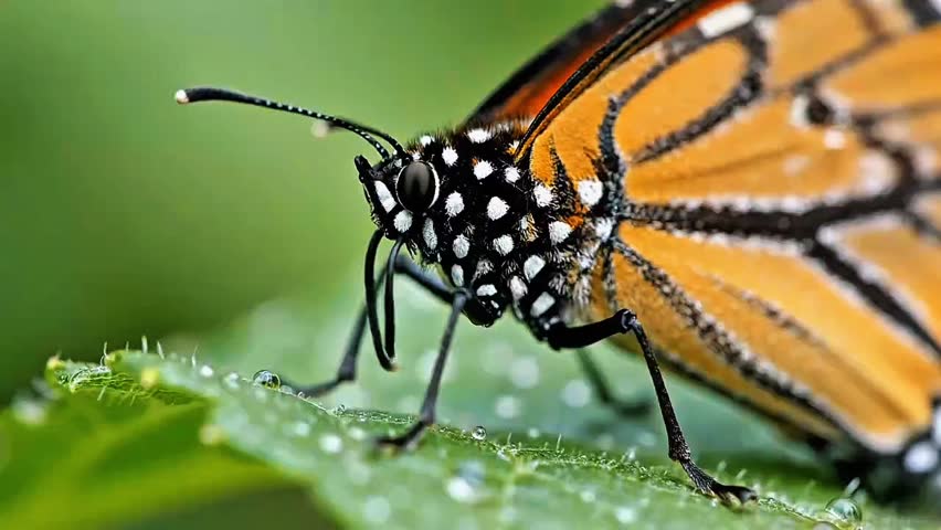 Extreme macro close-up of a Monarch butterfly resting on a green leaf showing details of compound eyes and orange wings.