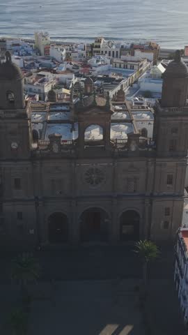 Aerial view of the Cathedral of Santa Ana in Las Palmas de Gran Canaria and the Atlantic Ocean