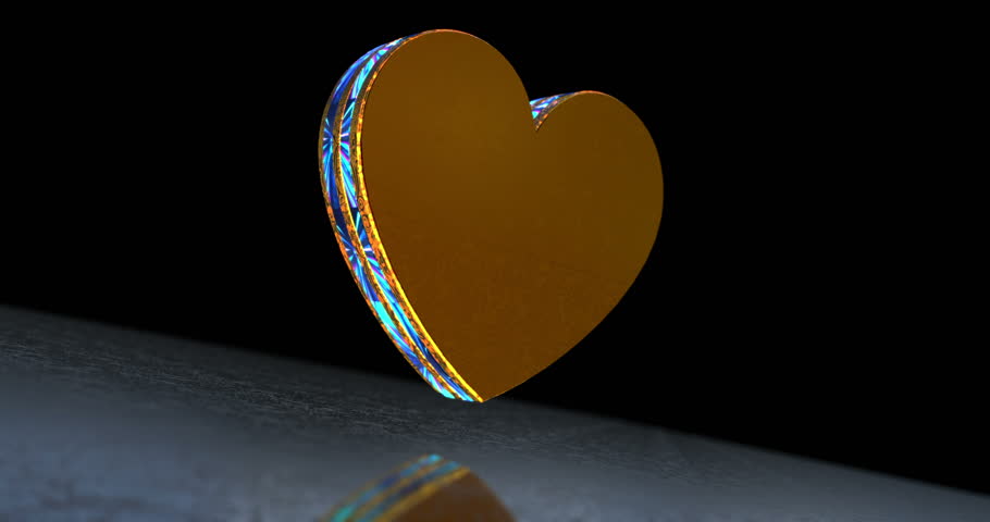 Heart love 3d symbol spectacular. Abstract glowing golden metal icon animation.