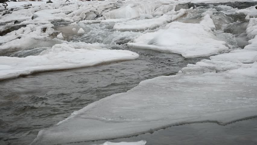 Chunks of ice and snow flowing on a cold river during the winter season