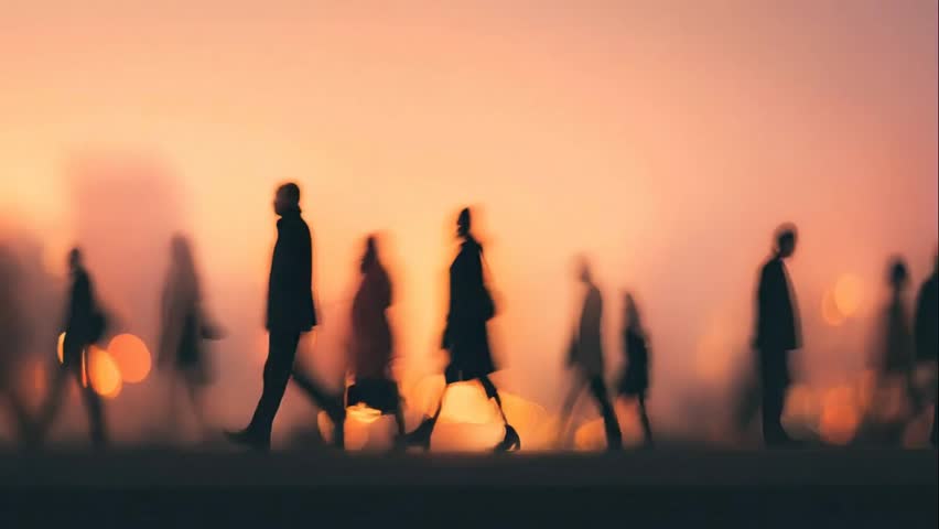 Group of blurred men and women walking in silhouette against a vibrant sunset sky. Concept of urban life, movement, and time passing. People walk abstract.