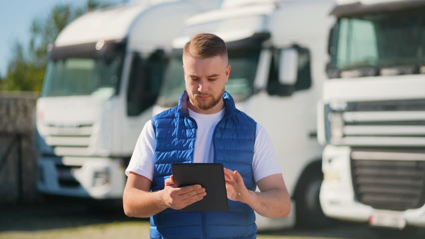 Logistics manager using digital tablet for fleet management