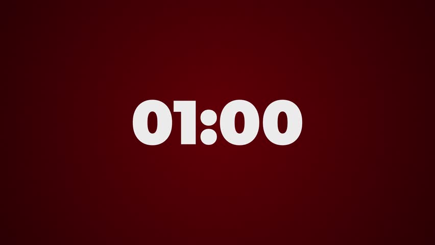 Animated countdown numbers from 01:00 to 0:00. Time, one minute, 60 seconds count down on burgundy red background.