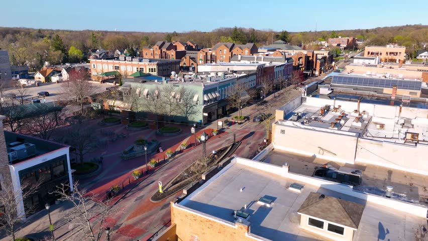 Historic commercial building aerial view on E Main Street at Northville Town Square in historic city center of Northville, Michigan MI, USA. 
