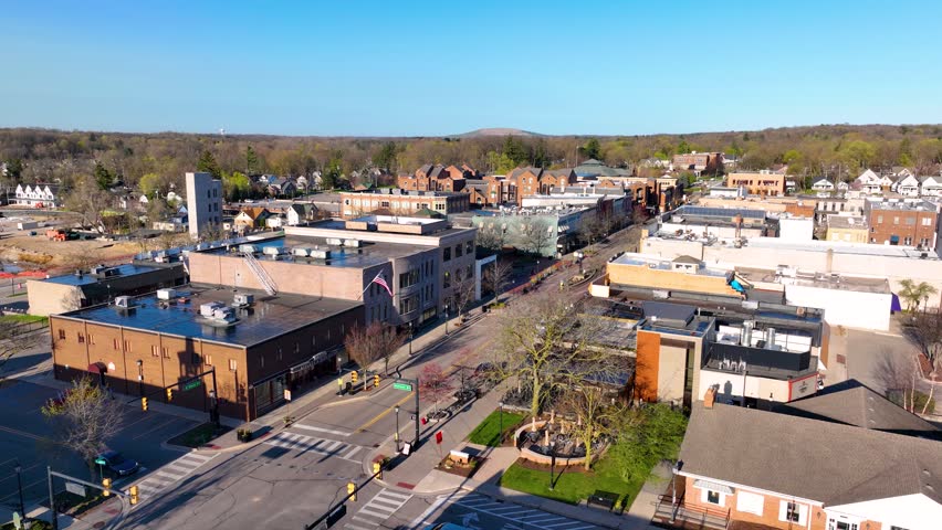 Historic commercial building aerial view on E Main Street at Northville Town Square in historic city center of Northville, Michigan MI, USA. 