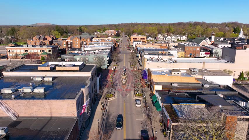 Historic commercial building aerial view on E Main Street at Northville Town Square in historic city center of Northville, Michigan MI, USA. 