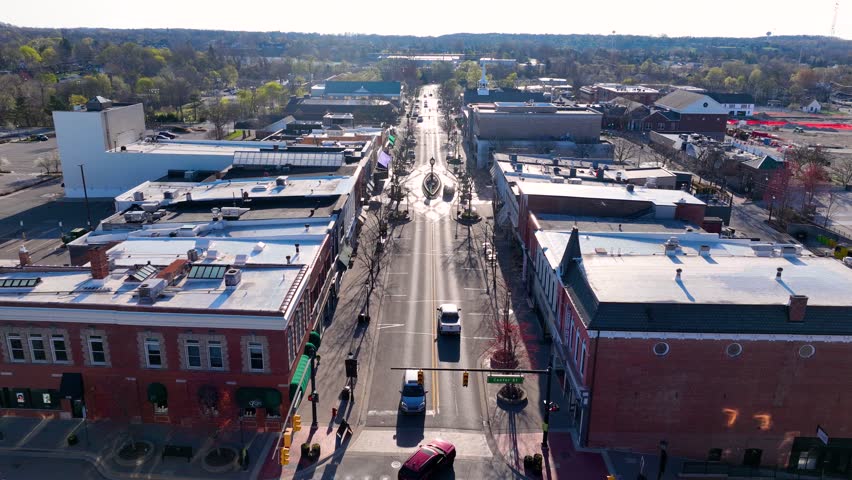 Historic commercial building aerial view on E Main Street at Northville Town Square in historic city center of Northville, Michigan MI, USA. 