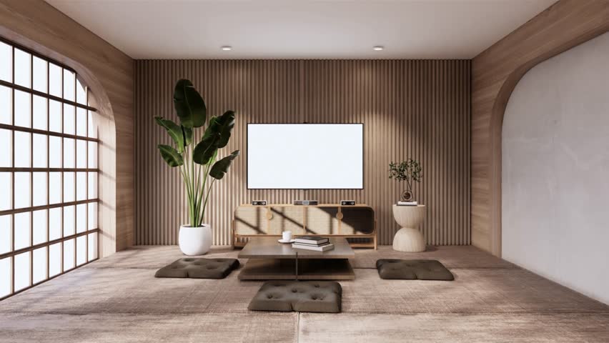 Minimalist wabi sabi interior mock up design, room muji sytle. 3D rendering