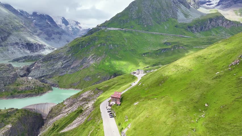 Drone Austria 4k. Grossglockner High Alpine Road, a famous scenic drive in Austria. drive to Grossglockner mountain. popular summer travel tourism destination for hiking and road trip in Europe.