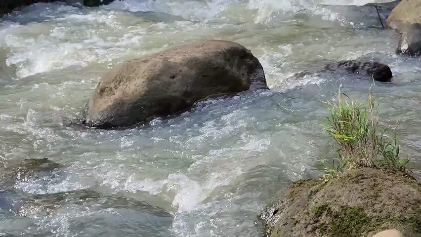 Massive boulder cutting through foamy river rapids. Powerful current crashing around giant rock in stream. Whitewater rush past stone obstacle in natural riverway. Turbulent flow with large boulder and dramatic splashes. Fast rapids scene featuring dominant rock and wild motion