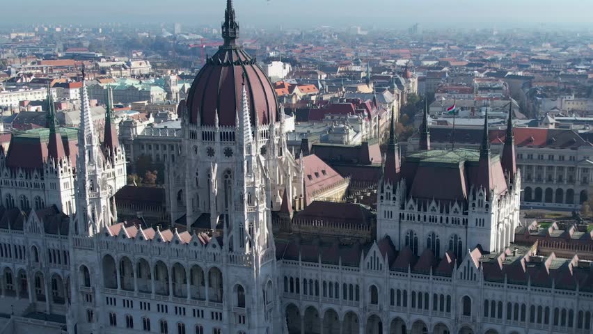 Aerial panoramic view of the city Budapest beside the river Danube in Hungary on a sunny day in autumn.