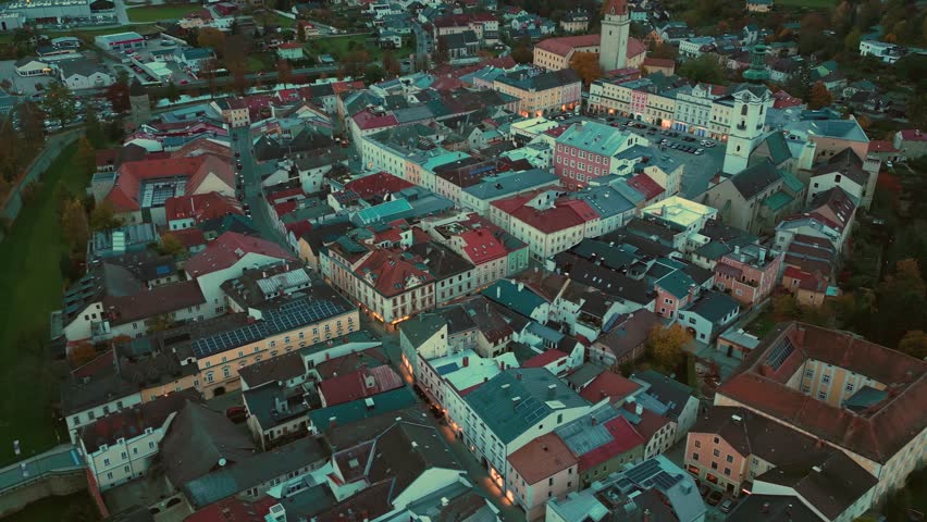 Aerial panoramic view above the old town city Freistadt in Austria on a very late afternoon in autumn.