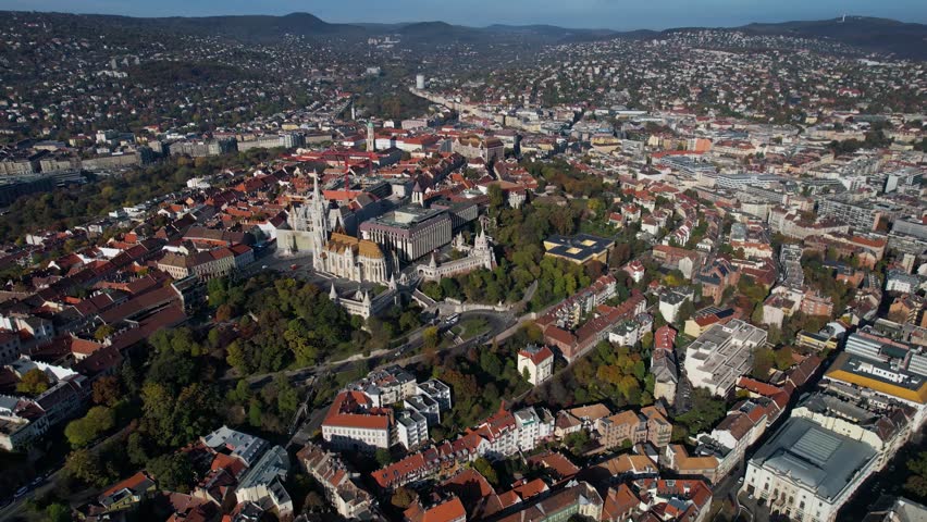 Aerial panoramic view of the city Budapest beside the river Danube in Hungary on a sunny day in autumn.