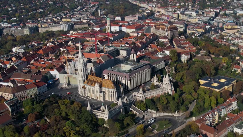 Aerial panoramic view of the city Budapest beside the river Danube in Hungary on a sunny day in autumn.