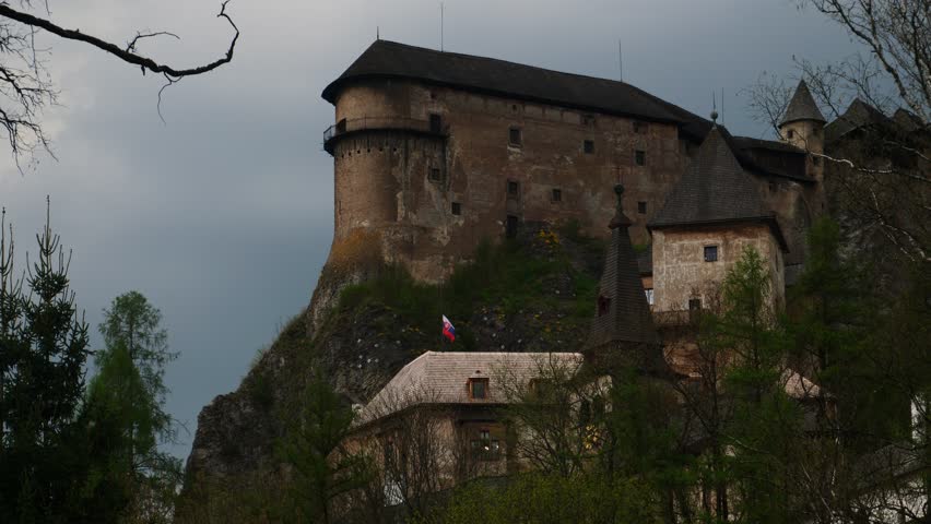 Static shot of Flag waving at Orava Castle, Slovakia