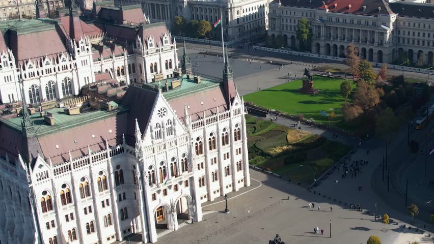 Aerial panoramic view of the city Budapest beside the river Danube in Hungary on a sunny day in autumn.