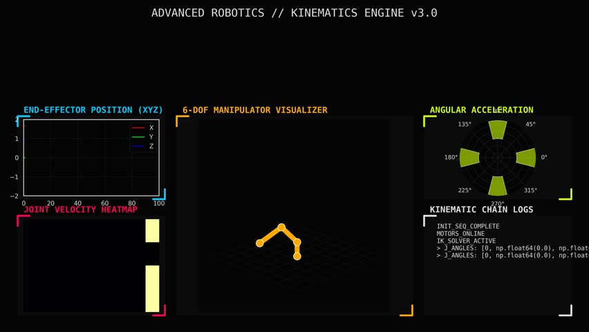 Advanced Robotics Kinematics Dashboard Showing 6-DOF Manipulator, End Effector Position, Joint Velocity Heatmap and Angular Acceleration Analysis